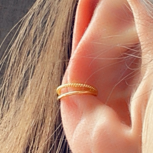 14K Gold Vermeil Double Band Ear Cuff – Rope Detail No Piercing Cuff - Picture 12 of 12